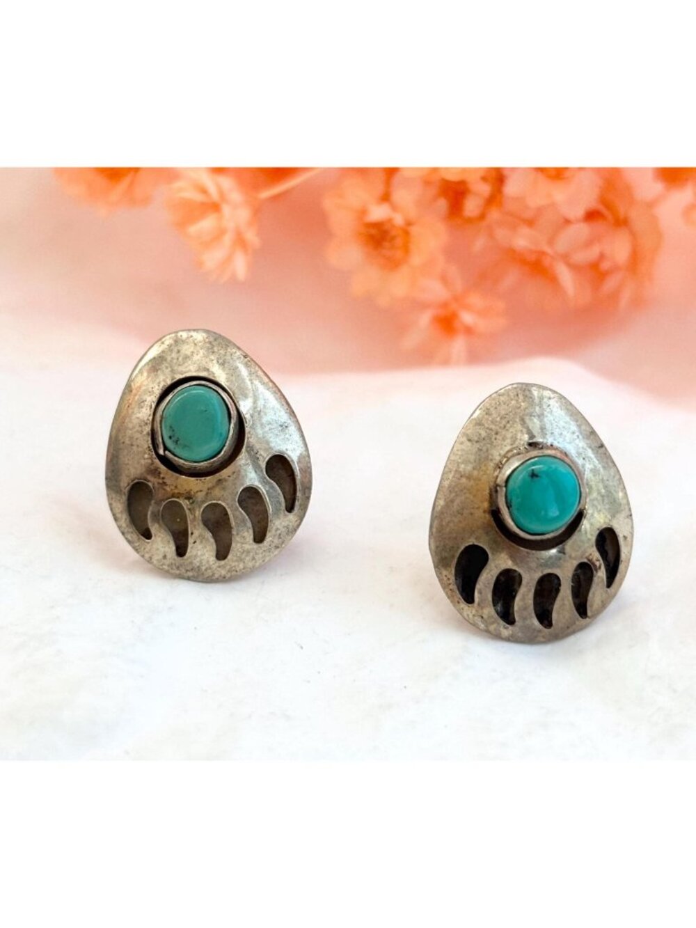 Shadowbox Bear Paw Turquoise Teardrop Sterling Silver Vintage 925 Earrings